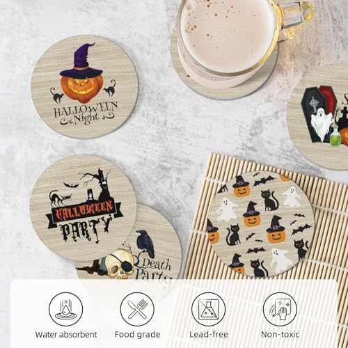 Halloween Coaster for Drinks Set of 6 with Metal Holder and Cork Base Ceramic Drink Coasters Absorbent Cup Mat Non