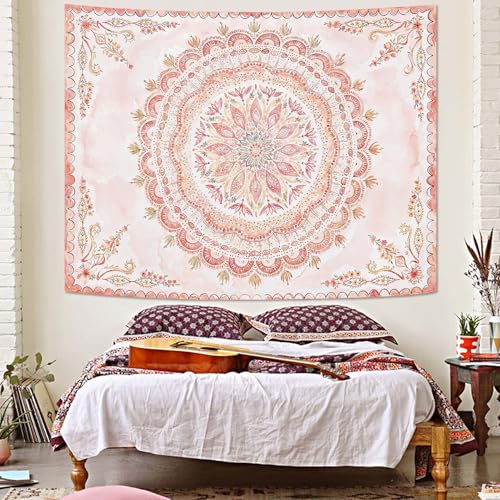Boho Floral Mandala Tapestry Wall Hanging Pink Bohemian Flower Medallion Tapestry Aesthetic Watercolor Hippie Indian Small Tapestries for Bedroom Living Room Dorm Decor 60 x 44 Inch
