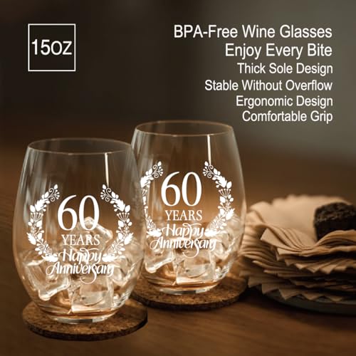60 Years Happy Anniversary Wine Glass Set of 2 (2 Count)