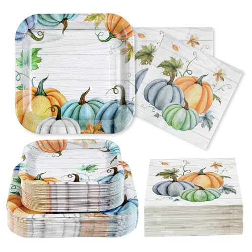 200Pcs Fall Plates and Napkins Square Blue Pumpkins Plate Thanksgiving Paper Plates Pumpkin Wood Grain Dinnerware for Baby Shower Fall Harvest Family Thanksgiving Party Decorations (200 Count)