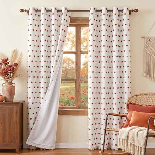 Blackout Bohemian Curtains for Bedroom Thermal Insulated Brick Red Pom Pom Curtain 72 Inch Long for Girls Room White Sheer Drapes for Dining Room Door Grommet