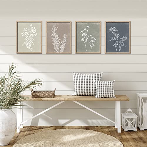 Framed Boho Wall Art Set of 4 for Wooded Minimalist Botanical Print Wall Art for Rustic Vintage Farmhouse Home Kitchen Wall Decor (4 Count)