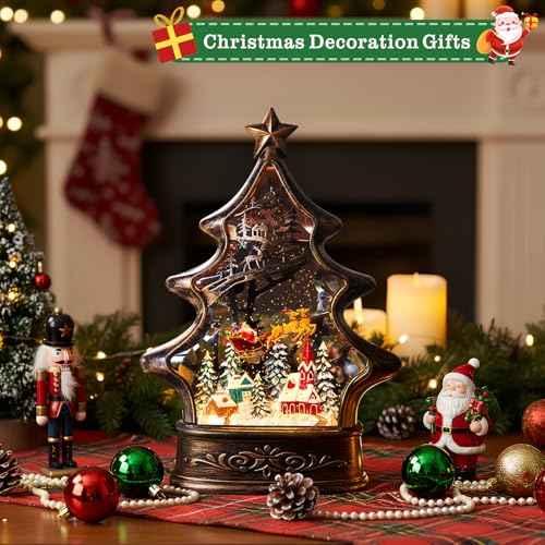 Christmas Snow Globe Lantern Water Glittering Buildings Santa's Deer with Music& Timer