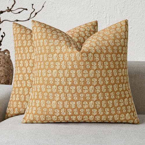 Decorative Floral Print Throw Pillow Covers 22×22 Golden Orange (2 Count)