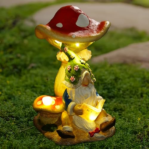 Solar Garden Outdoor Statues Gnome Reading Under Mushroom with 5 LED Lawn Decor Outside Decorations for Patio