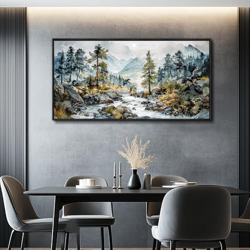 Large Canvas Printing Pictures Artwork Wall Art For Bedroom Wall Decor For Living Room Office Rivulet View Painting Forest Tree Landscape Restaurant Mural Home Decor 20x40 In Black Framed