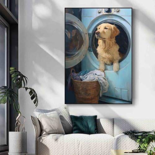 Laundry Room Wall Art Vintage Farmhouse Canvas Funny Dog Poster Cute Animals Pictures Laundry Day Wall Art Vintage Funny Posters Modern Abstract Living Room Decor 16x24inch No Frame