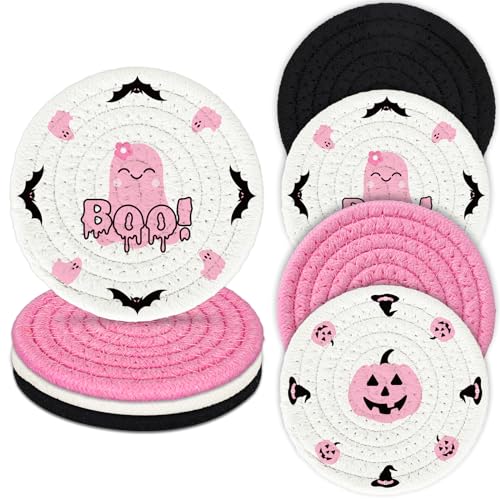 4Pcs Halloween Handmade Braided Cotton Coasters Pink Black Pumpkin Ghost Boo Drink Coasters Absorbent Cup Mat for Home Office Party Decor (4 Count)