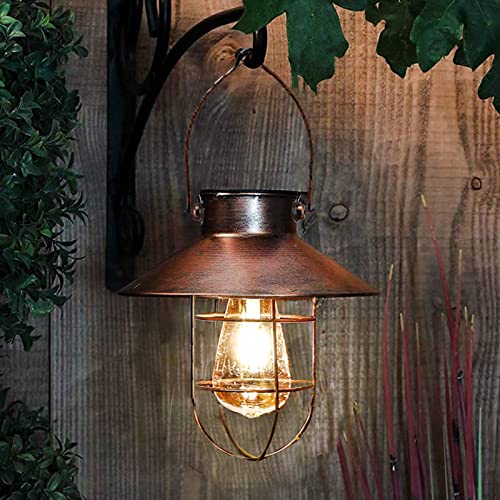 Solar Lantern Outdoor Hanging Light Metal Farmhouse Solar Lamp with Warm White Edison Bulb Design for Garden Yard Patio Porch Decor