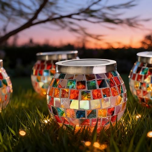 4 Pack Valentines Day Gifts for Him Her Landscape Lighting Path Lights Heavy Solar Mosaic Lantern with RGB Color (4 Count)