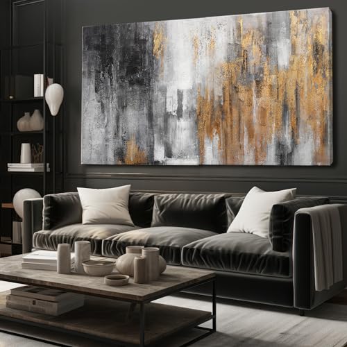 Abstract Canvas Wall Art with Gold Foil Modern Black Oil Paintings Graffiti Wall Art for Living Room Bedroom Kitchen Office Wall Decorations 30" x 60"