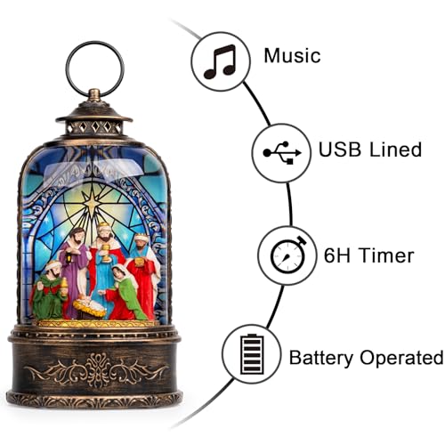 Christmas Snow Globe Swirling Glittering Nativity Scene with Music