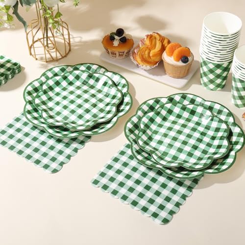 350 Pcs Green Gingham Plates and Napkins Party Supplies
