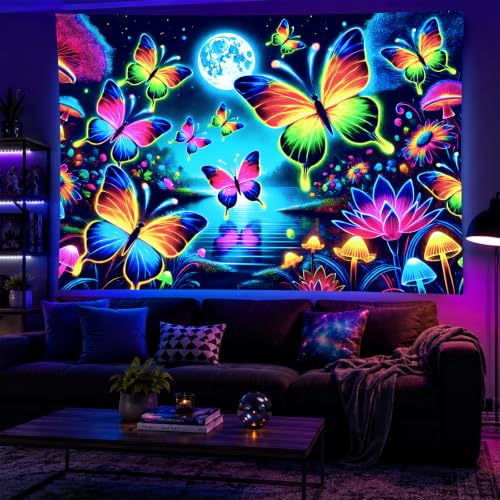 Blacklight Tapestry Butterfly Floral UV Backdrop 78 x 59 Inch