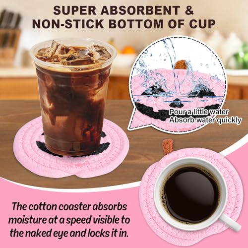 Halloween Pumpkin Cotton Coasters Pink Pumpkin Face Handmade Braided Drink Coasters Absorbent Cup Mats for Trick or Treat Party Home Table Decor (4 Count)