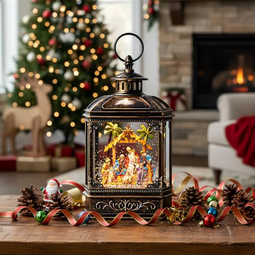 Christmas Snow Globe Swirling Glittering Nativity Scene with Music