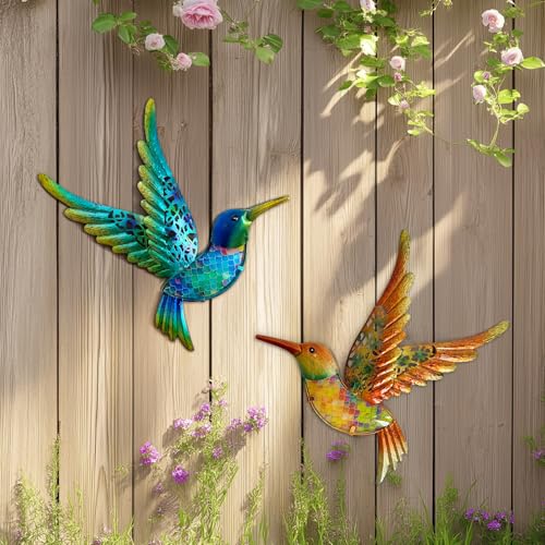 Metal Hummingbird Wall Art 12inch Metal Birds Wall Sculpture Garden Decoration Outdoor Statue Patio Fence Hanging Plaques 2 Pack（Multicolor） (2 Count)