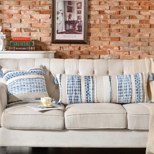 Chenille Striped Textured Boho Throw Pillow Covers Aesthetic with Tassels Woven Decorative Pillow Case for Couch Bed Sofa Bedroom Modern Funky 14 x 36