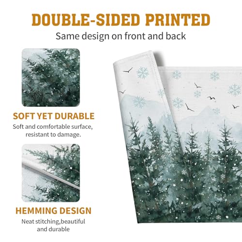 Winter Pine Tree Snowflake Placemats Set of 4 Christmas Snow Green Forest Place Mat 12x18 Inch Seasonal Xmas Holiday Rustic Nature Washable Fabric Table Mats for Farmhouse Kitchen Dining Decoration (4 Count)
