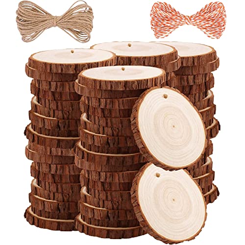 Natural Wood Slices TICIOSH Craft Unfinished Wood kit Predrilled with Hole Wooden Circles for DIY Crafts Wedding Decorations Christmas Ornaments Arts Wood Slices (50 Count)