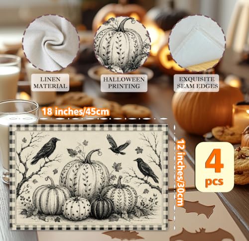 Halloween Placemats Set of 4 Crow Pumpkin Linen Table Mats Gingham 18x12 (4 Count)