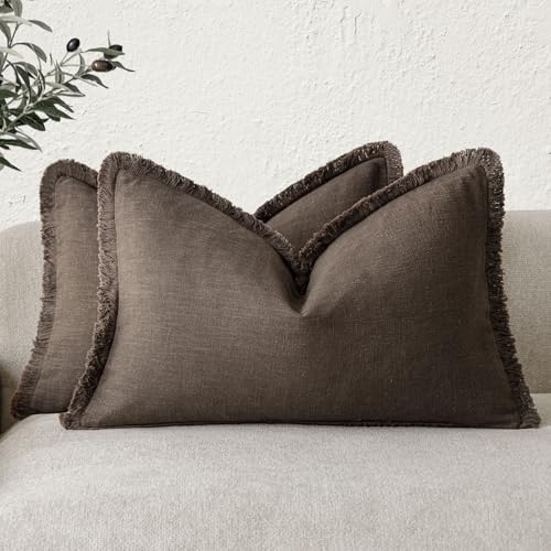 Boho Linen Fringe Lumbar Throw Pillow Covers 12×20 Reddish Brown (2 Count)
