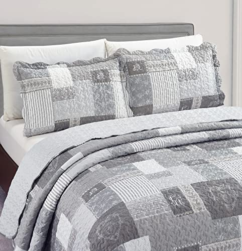 Grey Heart Love & Lace Floral Patchwork Quilt Set