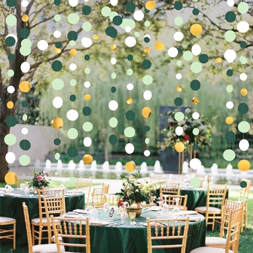 46 Ft Sage Green Gold Party Decorations Polka Dots Garlands Hanging Paper Circle Dots Streamer for Safari Wild Woodland Jungle Theme Birthday Shower Graduation Wedding Party Decorations Supplies