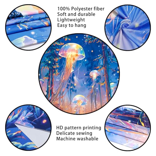 Blacklight Forest Jellyfish Tapestry UV Reactive Nature Tree Tapestry Trippy Fantasy Starry Sky Tapestries Aesthetic Jungle Plants Tapestries Wall Hanging for Bedroom
