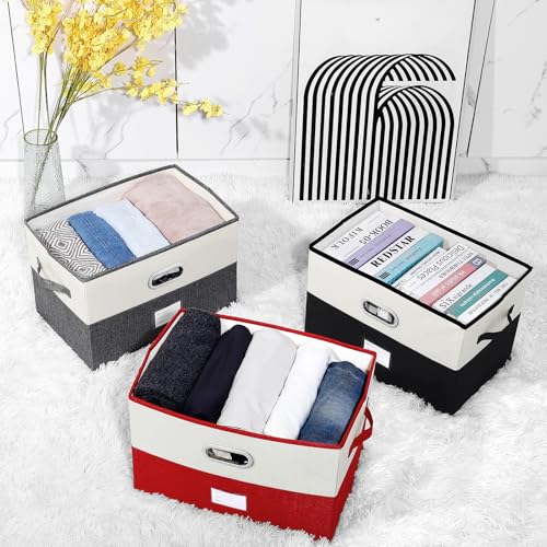 Large Linen Fabric Foldable Storage Bins with Removable Lid and Handles (2 Count)