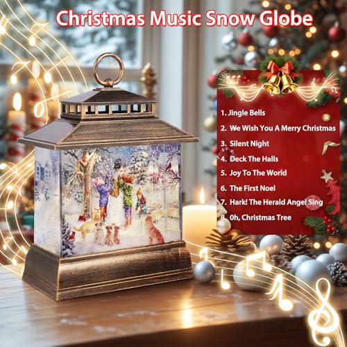 Christmas Snow Globe Lantern Water Glittering Lantern with 8 Songs & 6H Timer Romote Control Christmas Snow Globes USB & Battery Operated for Holiday Festival Decorations Gifts