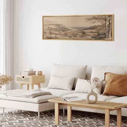 Large Framed Canvas Print Wall Art Vintage Neutral Tone Countryside Landscape Retro Fine Art Illustrations Decorative Colorful for Bedroom