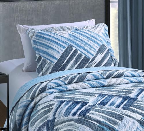 Blue Grey Stripes & Blocks Patchwork Quilt Set (2 Piece Set)