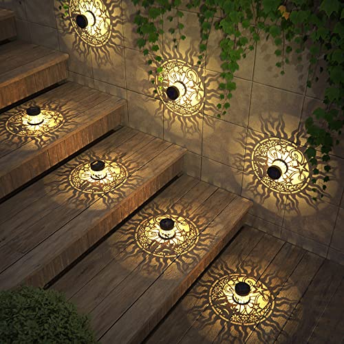 4 Pack Solar Fence Lights Metal Solar Powered Outdoor Wall Deck Lights Sun Moon Theme Waterproof Fence Light for Garden Post Patio Backyard Yard Decor (4 Count)