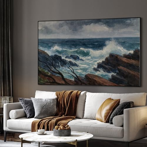 46"x72" Extra Large Framed Wall Art Rocky Seashore with Crashing Waves and Moody Sky for Home Living Room Bedroom Decor