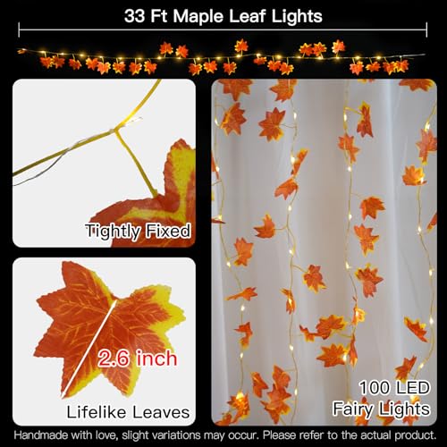 33FT 100 LED Maple Leaf String Lights Battery Operated Copper Wire