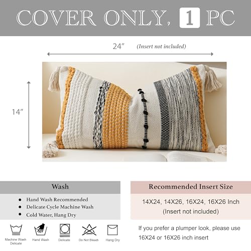 Decorative Lumbar Throw Pillow Cover 14x24 Boho Yellow Mustard Accent Cushion for Couch Sofa Farmhouse Pillowcase for Bedroom Living Room Home Décor Cover ONLY