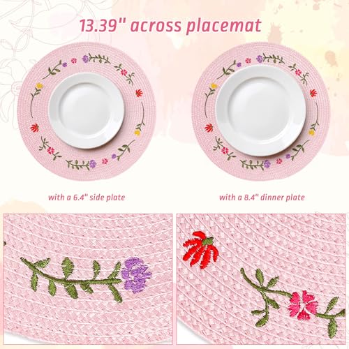 4Pcs Spring Flower Embroidered Placemats Round Place Mats Pink Floral Dinner Table Mats for Home Holiday Wedding Bridal Baby Shower Birthday Party Decor (4 Count)