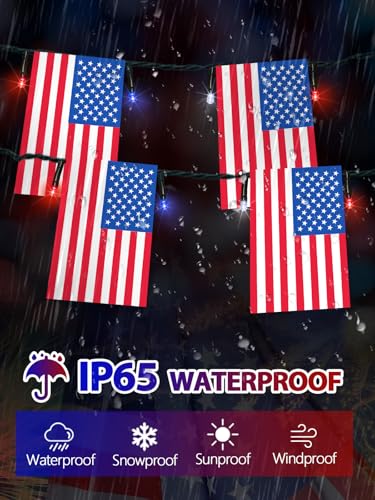 4th of July Decorations 50 LED Solar American Flag String Lights Outdoor