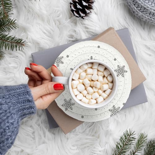 Winter Snowflake Handmade Braided Cotton Coasters Christmas Grey Snowflake Drink Coasters Absorbent Cup Coasters for Xmas Party Home Office Decor (4 Count)