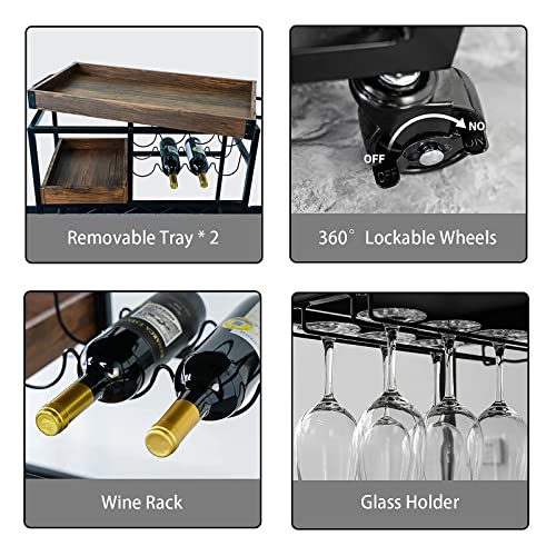 Bar Cart Industrial Mobile Kitchen Serving Carts for Home 3 Tier Storage Trolley with Wine Rack Glasses Holder Two Portable Trays Universal Casters with Brakes Rustic Rolling Cart for Indoor Outdoor