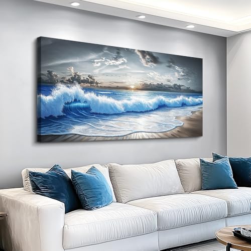 Wall Decor For Living Room Wall Art For Bedroom Office Restaurant Decoration Black White And Blue Ocean Wave Landscape Painting Canvas Pictures Printing Artworks Modern Home Decor 20"X40"
