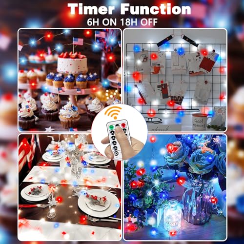4th of July Decor 3 Pack Fairy Light Battery Operated Remote Red White Blue (3 Count)