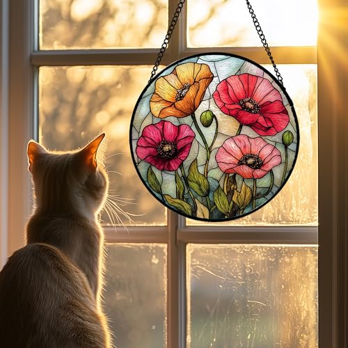 Poppy Flower Stained Glass Window Hanging Suncatcher Gifts for Women 12"