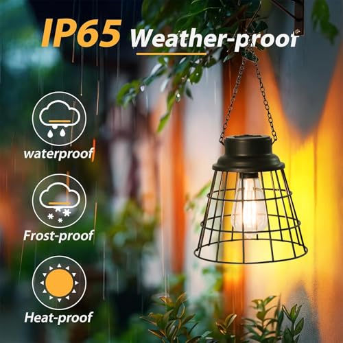 2 Pack Hanging Solar Lights Outdoor Lanterns Waterproof Black Metal (2 Count)