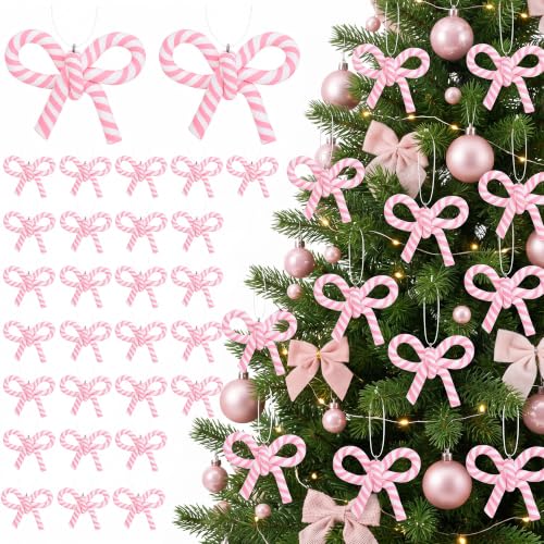 32 Pcs Pink White Bow Candy Cane Hanging Ornaments Christmas Tree Decor (32 Count)