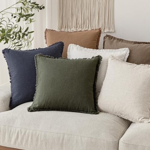 Boho Linen Fringe Lumbar Throw Pillow Covers 12×20 Dark Green (2 Count)
