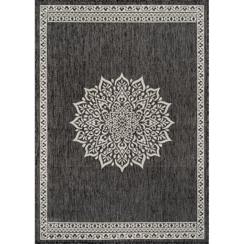 Outdoor Rug 8x10 Medallion Darkgray Modern Area Rugs for Indoor and Outdoor Patios Kitchen and Hallway Mats Washable Porch Deck Outside Carpet (80 Sq Ft)