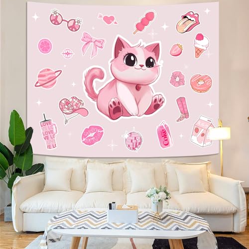 Y2K Tapestry Pink Cat Wall Tapestry