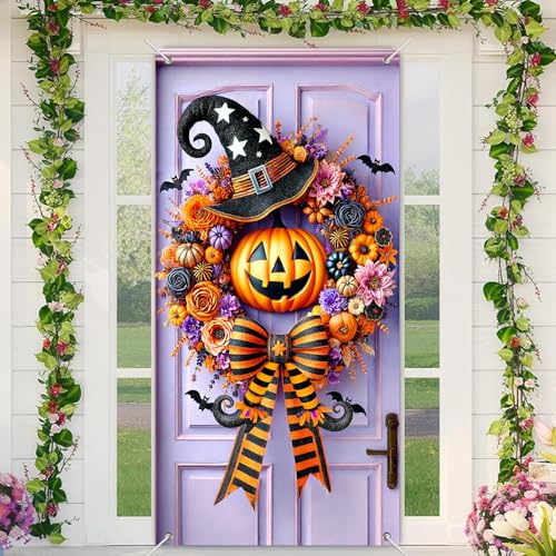 Halloween Witch Pumpkin Door Cover 35x71 Inch Fabric